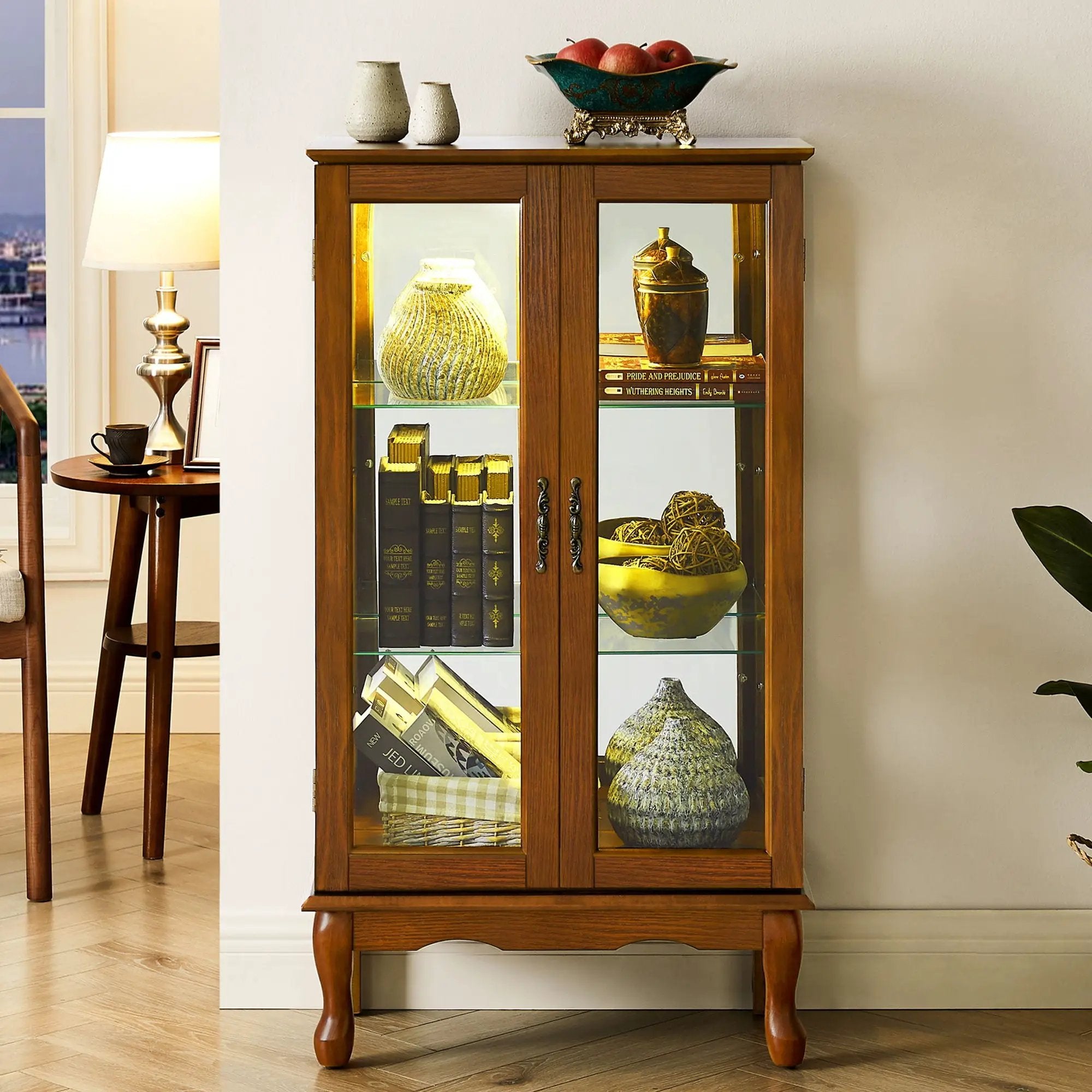 Curio Cabinet Lighted Curio Diapaly Cabinet With Adjustable Shelves And Mirrored Back Panel, Tempered Glass Doors (3 Tier), (E26 Light Bulb Not Included) by Unique Piece Furniture