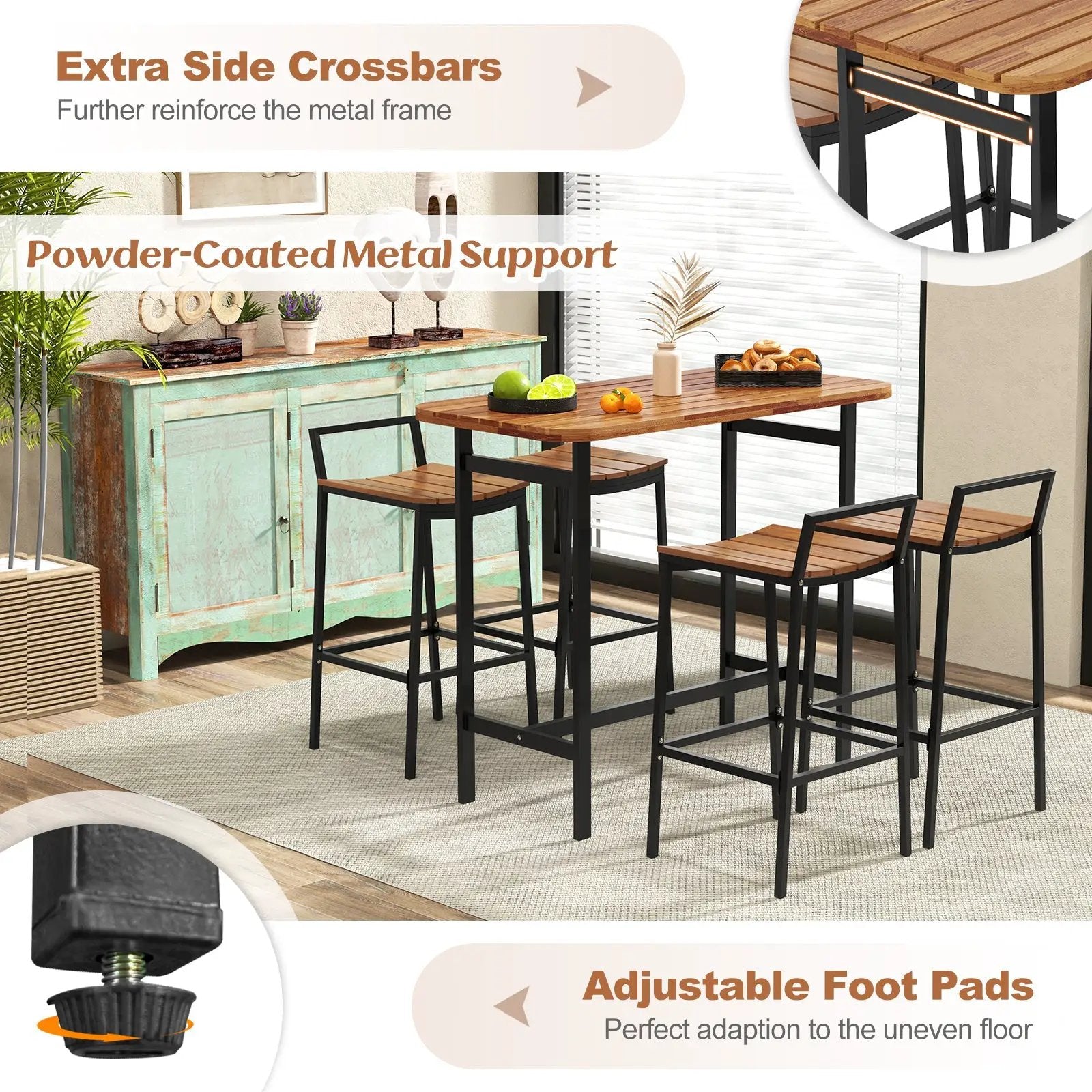 5 Piece Acacia Wood Bar Table Set Bar Height Table and Chairs with Metal Frame and Footrest by DirectDeals