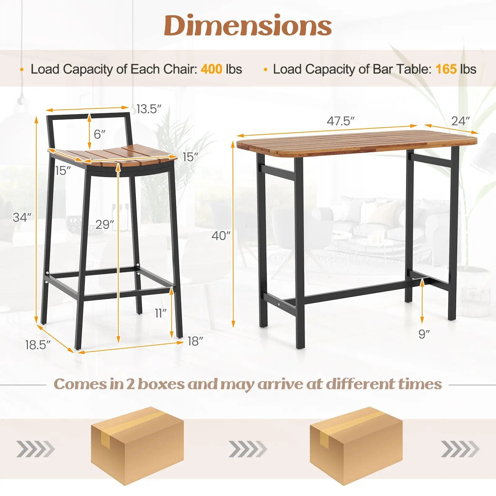 5 Piece Acacia Wood Bar Table Set Bar Height Table and Chairs with Metal Frame and Footrest by DirectDeals