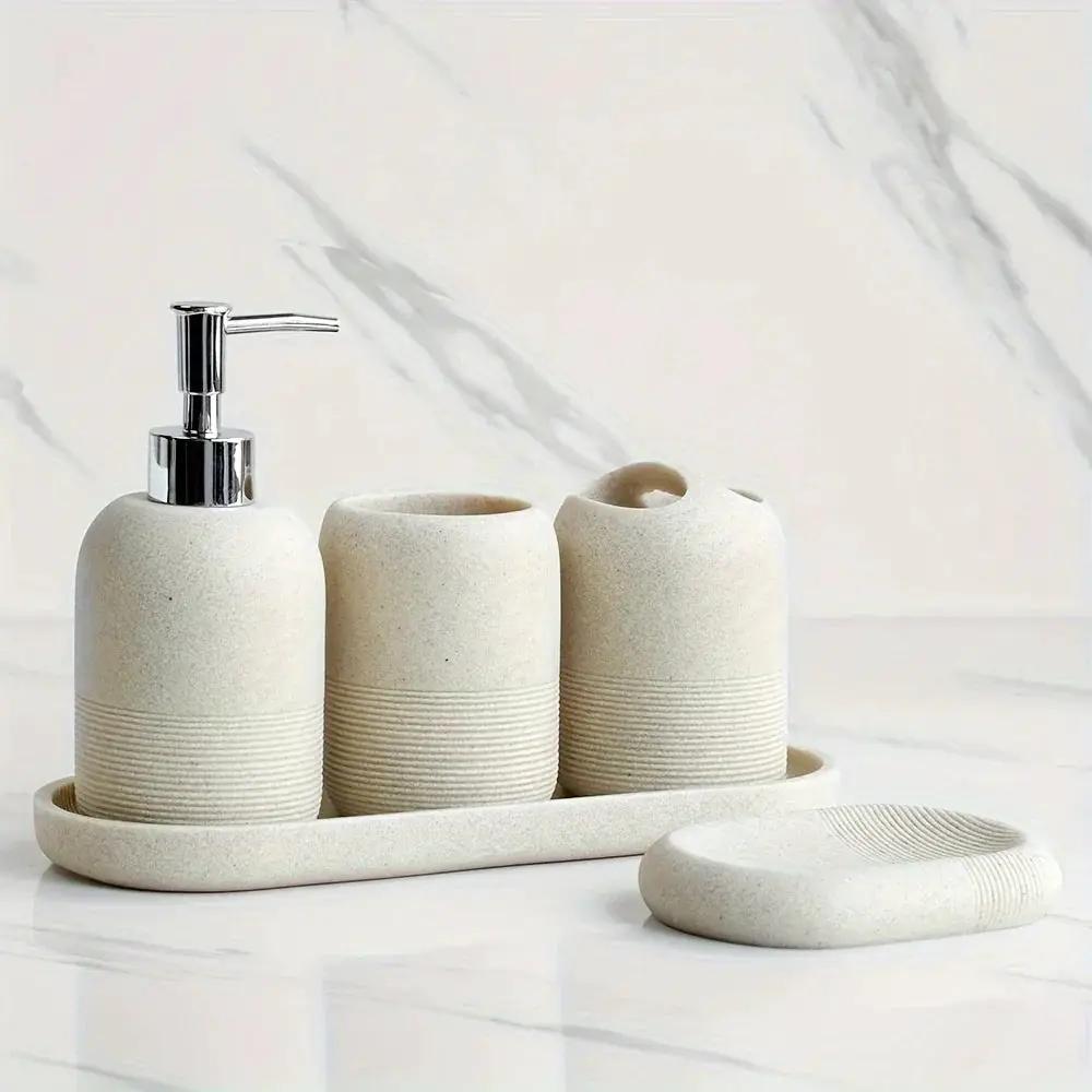 5pcs Bathroom Set: Soap Dispenser, Rinse Cup, Toothbrush Holder, Soap Dish, Tray - Yellow Sandstone Texture by House Of Avana