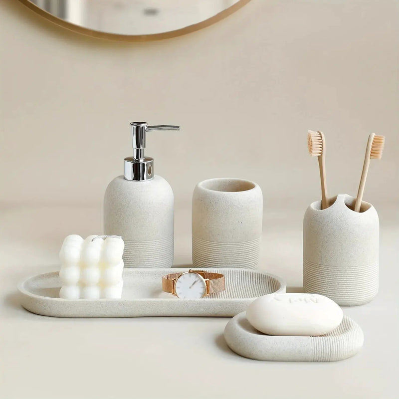 5pcs Bathroom Set: Soap Dispenser, Rinse Cup, Toothbrush Holder, Soap Dish, Tray - Yellow Sandstone Texture by House Of Avana
