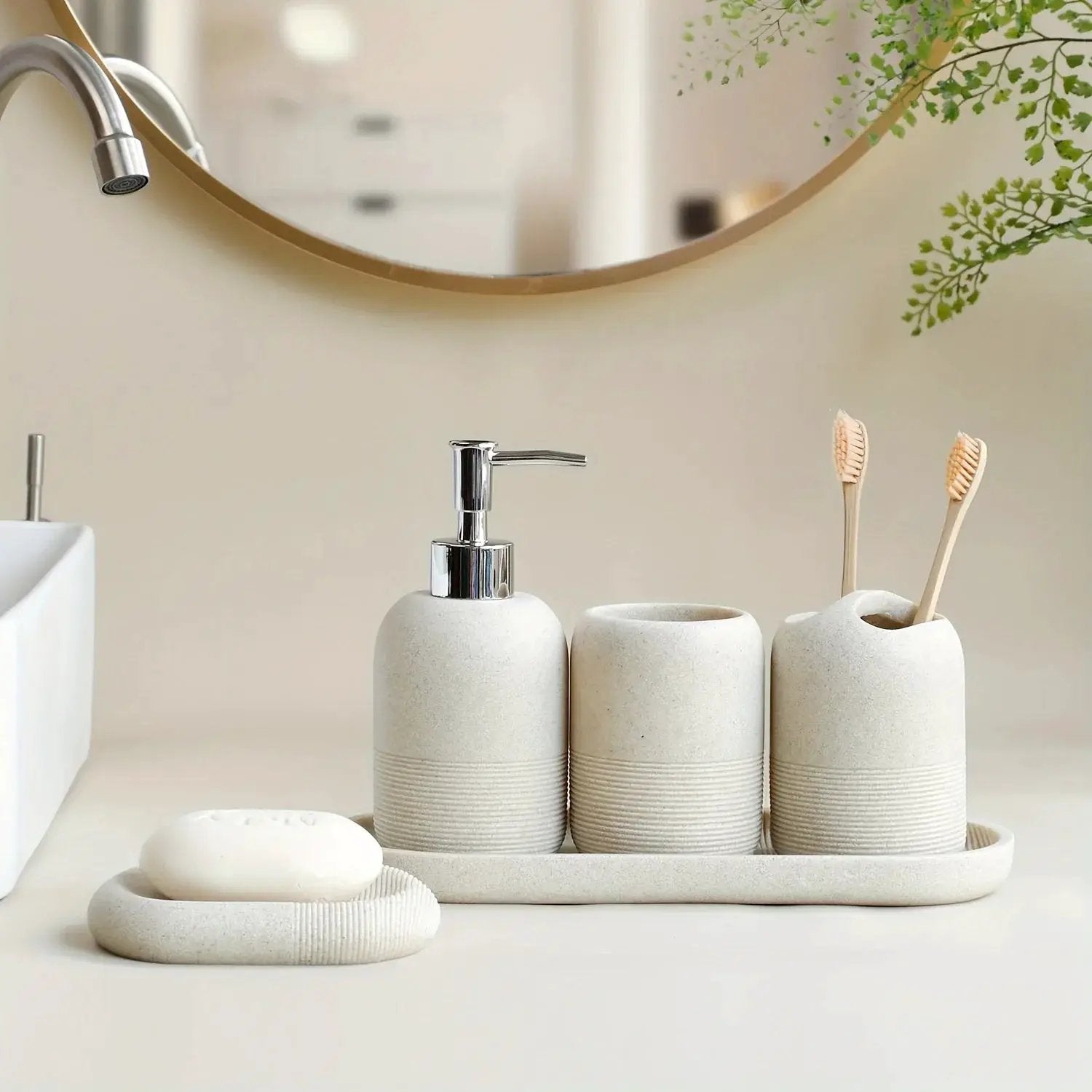 5pcs Bathroom Set: Soap Dispenser, Rinse Cup, Toothbrush Holder, Soap Dish, Tray - Yellow Sandstone Texture by House Of Avana