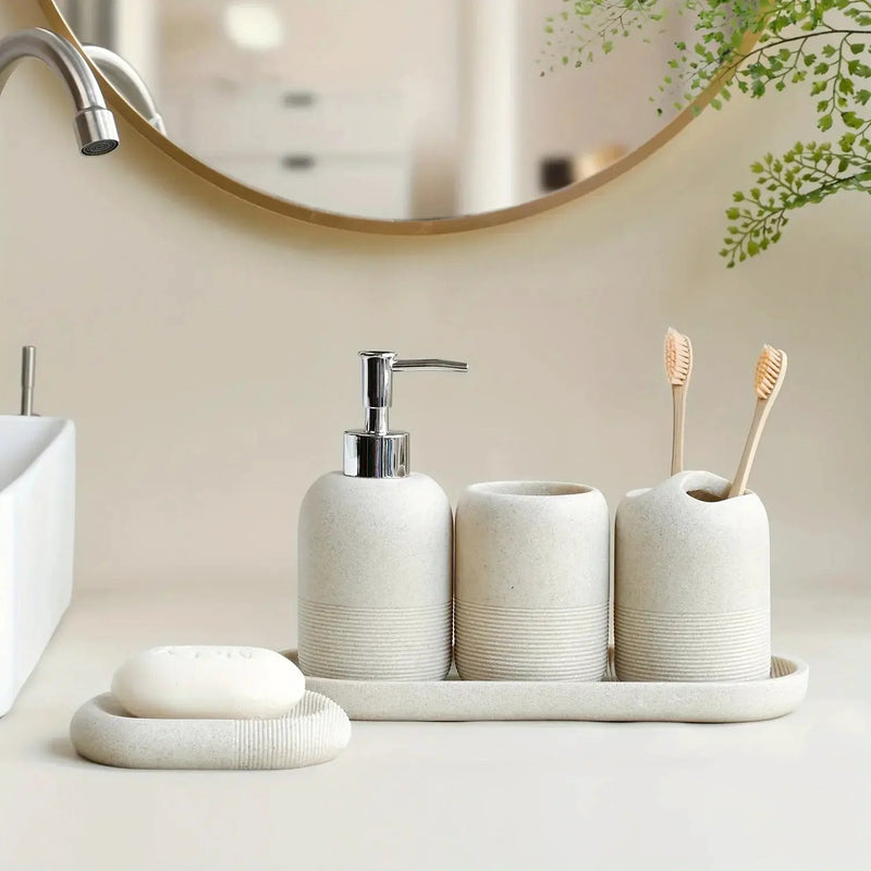 5pcs Bathroom Set: Soap Dispenser, Rinse Cup, Toothbrush Holder, Soap Dish, Tray - Yellow Sandstone Texture by House Of Avana