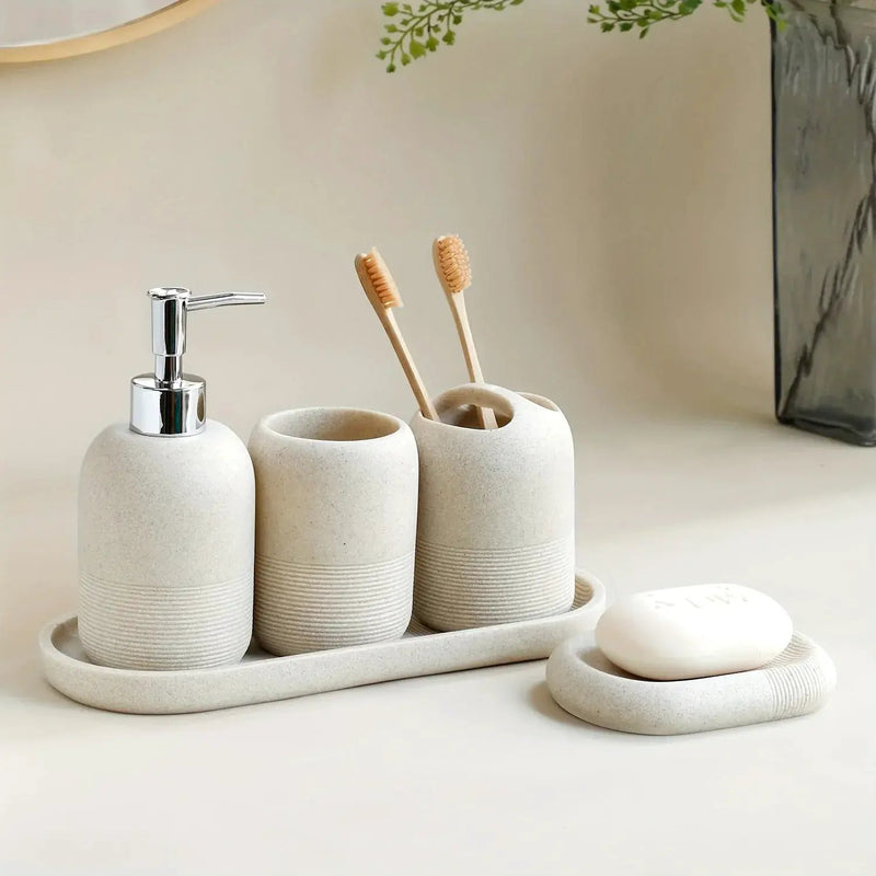 5pcs Bathroom Set: Soap Dispenser, Rinse Cup, Toothbrush Holder, Soap Dish, Tray - Yellow Sandstone Texture by House Of Avana