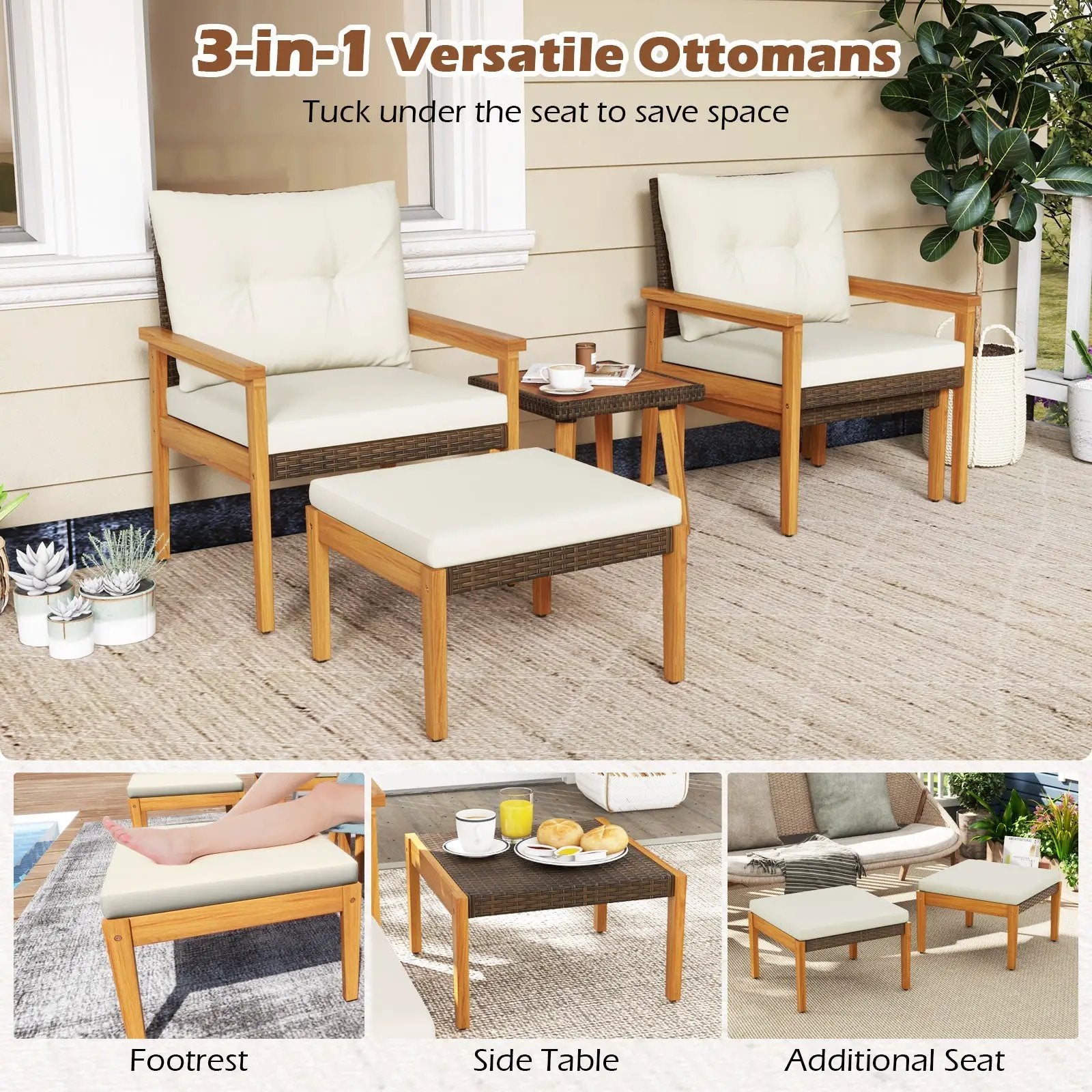 5 Piece Rattan Furniture Set with Square Coffee Table-White by DirectDeals