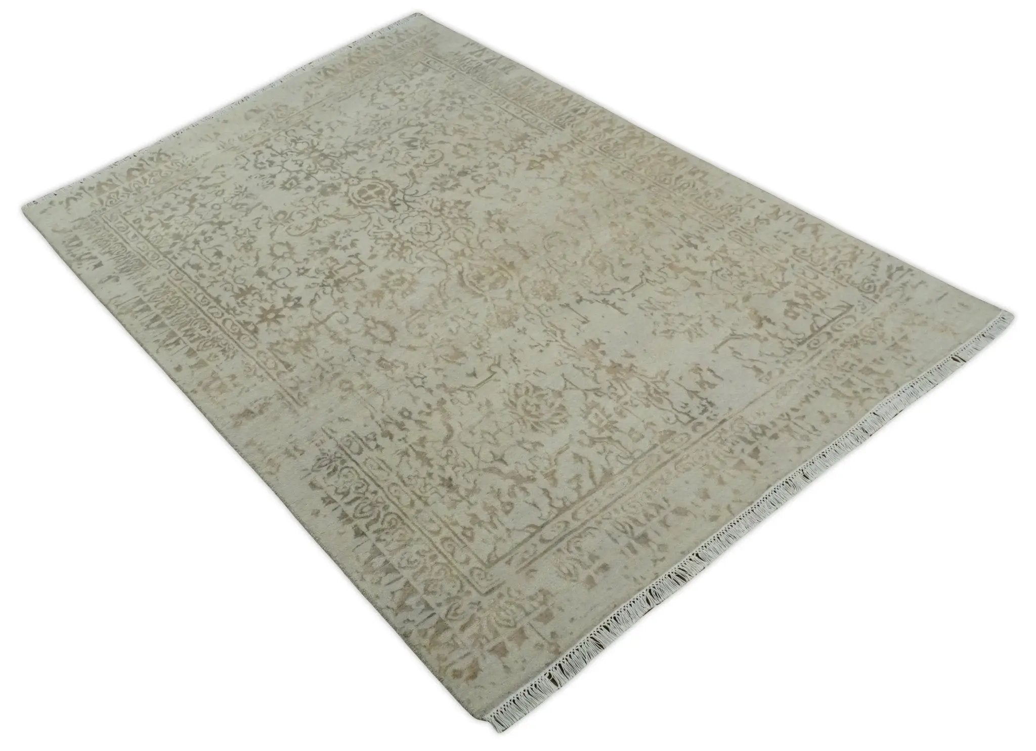 5x7 Fine Hand Knotted Beige and Brown Traditional Style Antique Wool and Silk Rug by The Rug Decor
