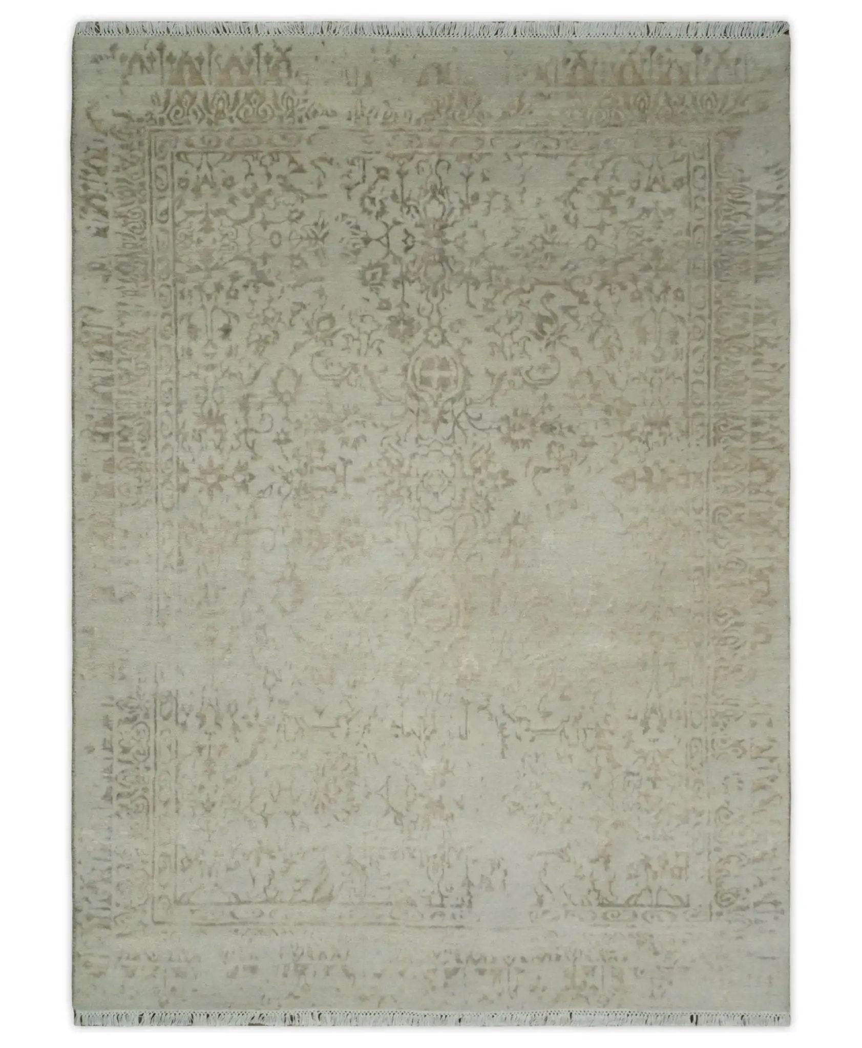 5x7 Fine Hand Knotted Beige and Brown Traditional Style Antique Wool and Silk Rug by The Rug Decor