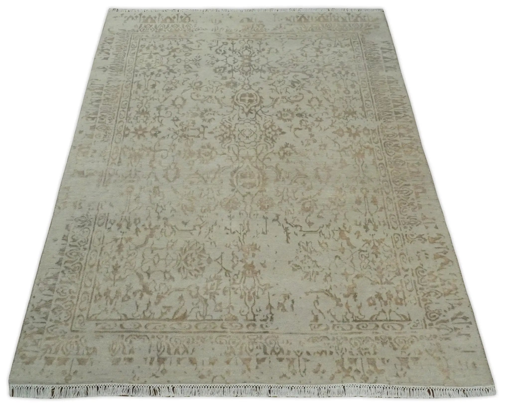 5x7 Fine Hand Knotted Beige and Brown Traditional Style Antique Wool and Silk Rug by The Rug Decor