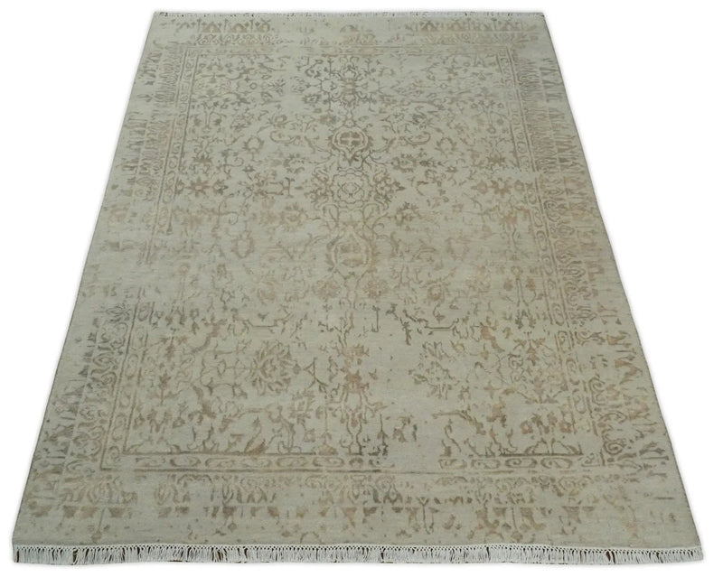 5x7 Fine Hand Knotted Beige and Brown Traditional Style Antique Wool and Silk Rug by The Rug Decor