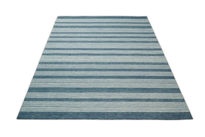 Blue Modern Stripes Pattern Hand Tufted Wool Area Rug by The Rug Decor