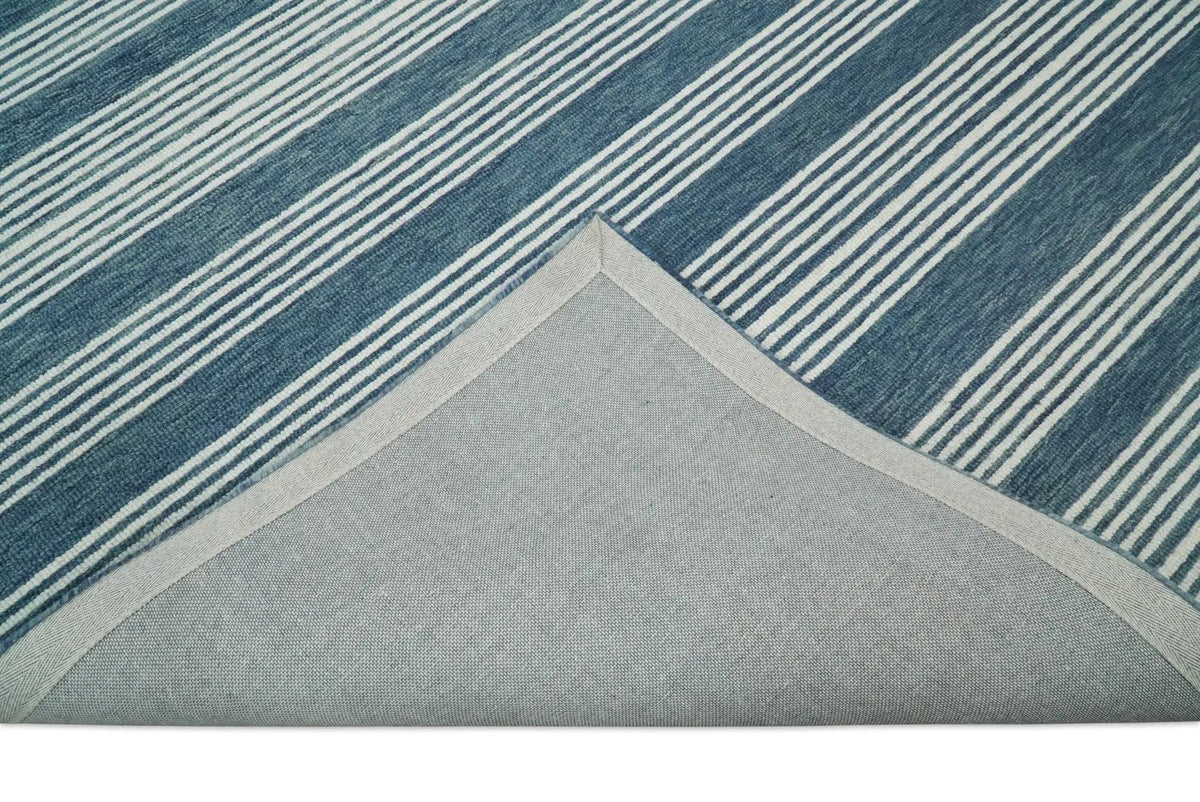Blue Modern Stripes Pattern Hand Tufted Wool Area Rug by The Rug Decor