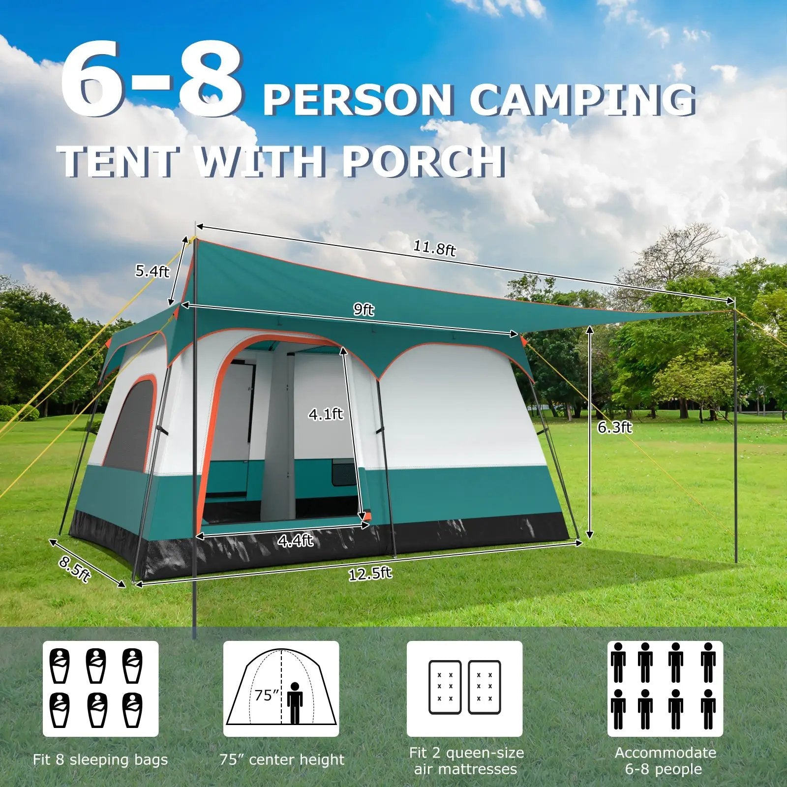 6-8 Person Camping Tent with Double Rooms and 2 Doors by DirectDeals