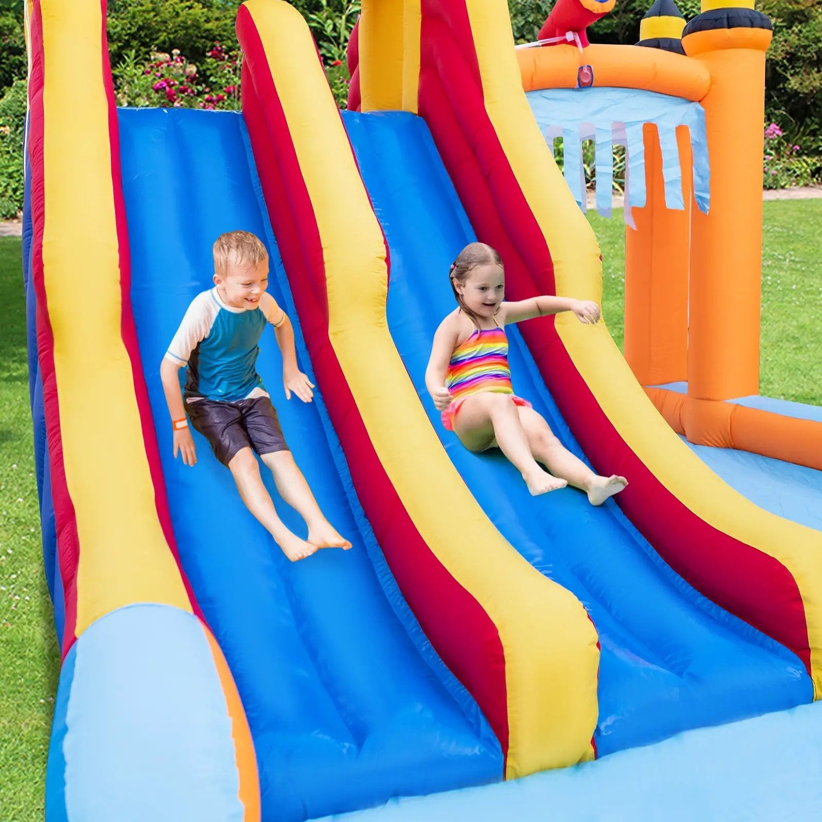 6-In-1 Inflatable Water Slide with Dual Slides Climbing Wall and Cave Crawling Game with 950W Blower by DirectDeals