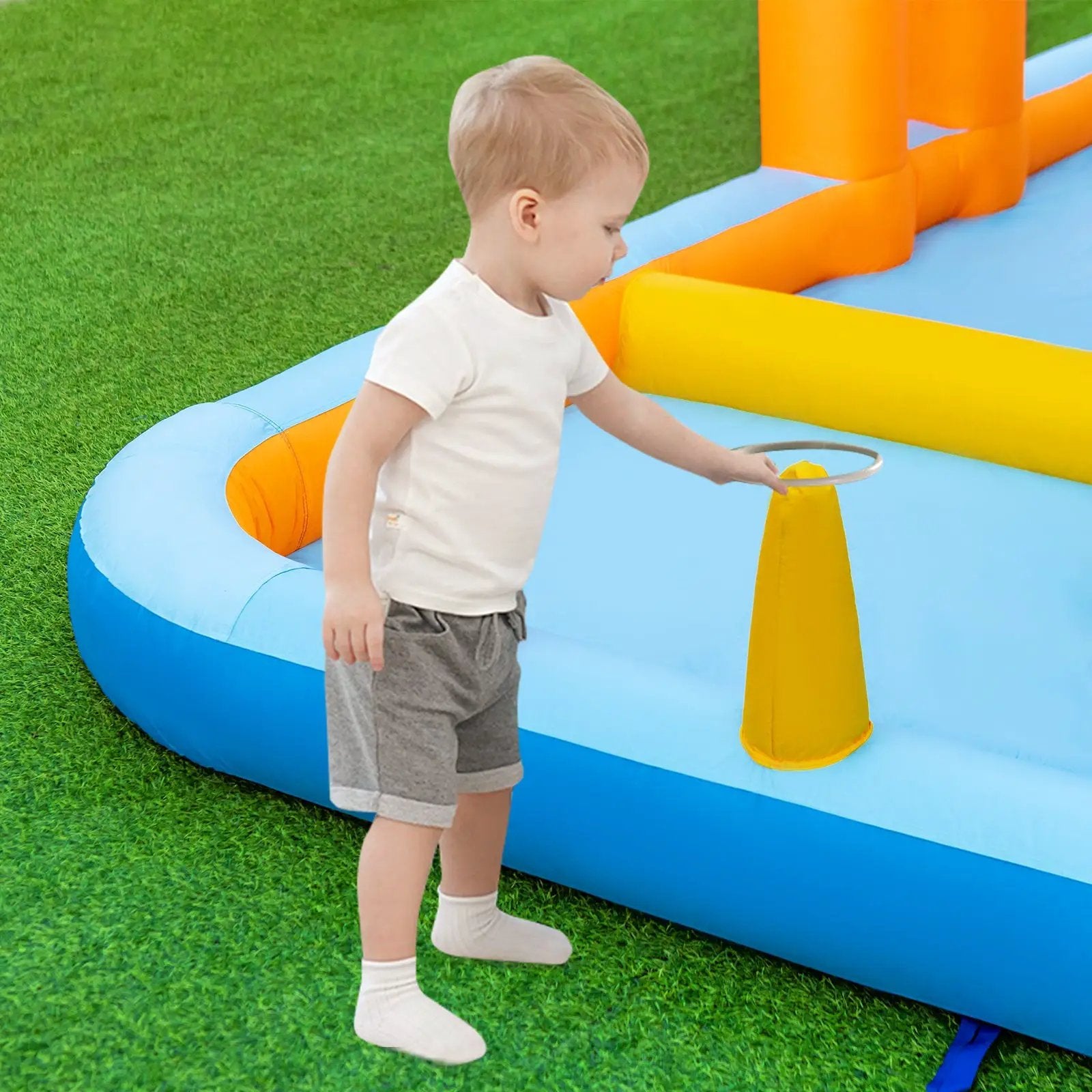 6-In-1 Inflatable Water Slide with Dual Slides Climbing Wall and Cave Crawling Game with 950W Blower by DirectDeals