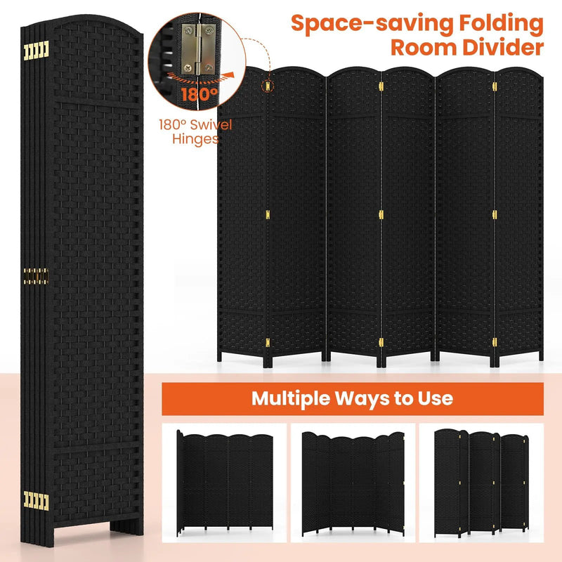6-Panel Room Divider 5.6 FT Tall Folding Privacy Screen with Hand-woven Texture by DirectDeals