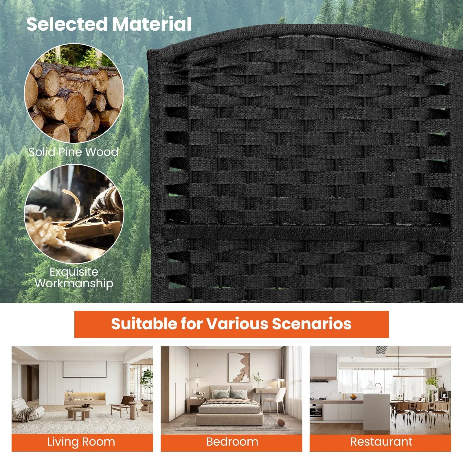 6-Panel Room Divider 5.6 FT Tall Folding Privacy Screen with Hand-woven Texture by DirectDeals
