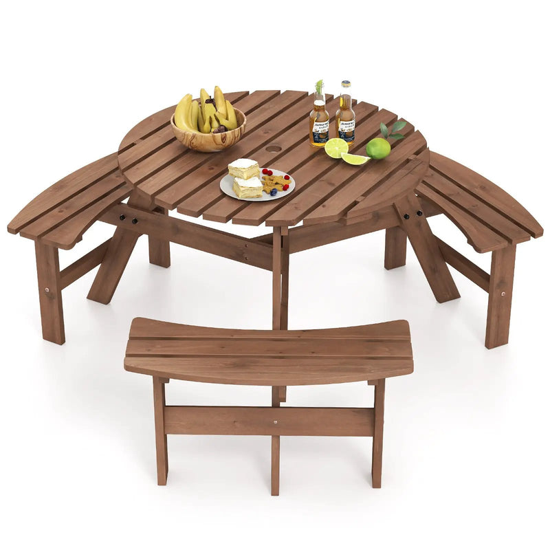 6-Person Round Picnic Table Set with 3 Built-in Benches and Umbrella Hole by DirectDeals