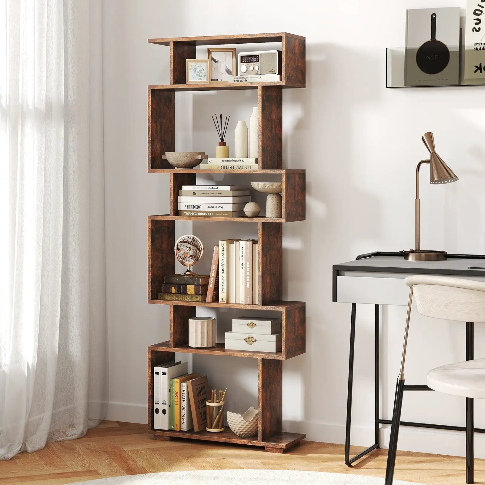 6-Tier Geometric Bookshelf with 2 Anti-Tipping Kits for Home Office by DirectDeals