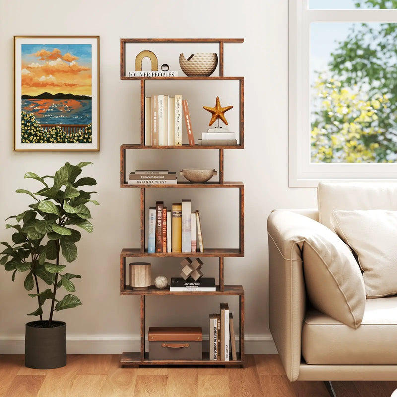 6-Tier Geometric Bookshelf with 2 Anti-Tipping Kits for Home Office by DirectDeals