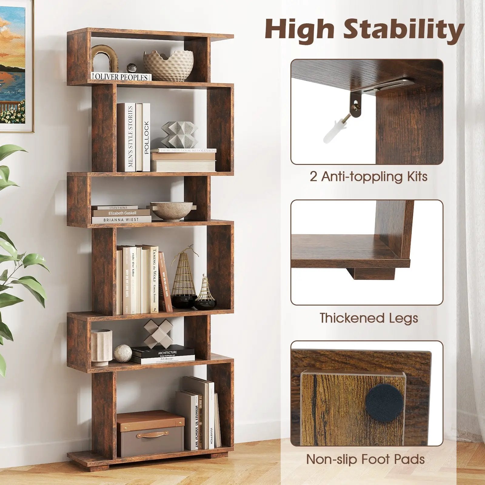 6-Tier Geometric Bookshelf with 2 Anti-Tipping Kits for Home Office by DirectDeals