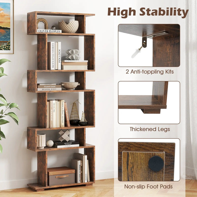 6-Tier Geometric Bookshelf with 2 Anti-Tipping Kits for Home Office by DirectDeals