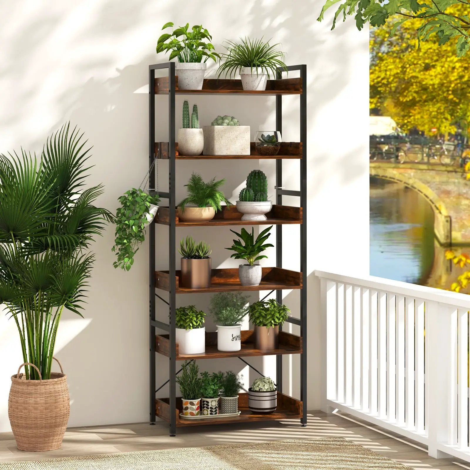 6-Tier Tall Industrial Bookcase with Open Shelves and 4 Hooks-Brown by DirectDeals