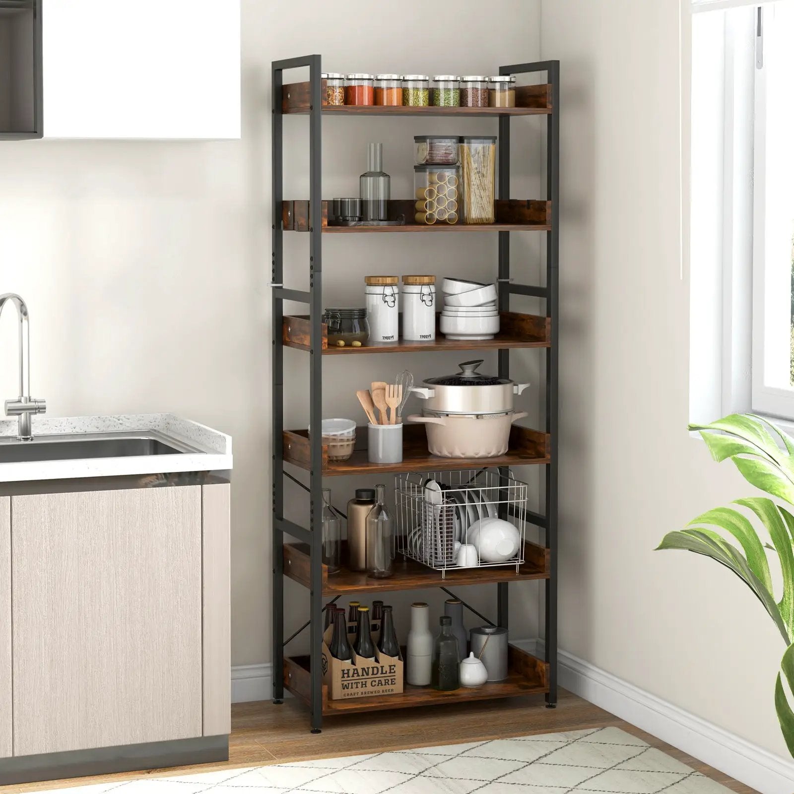 6-Tier Tall Industrial Bookcase with Open Shelves and 4 Hooks-Brown by DirectDeals