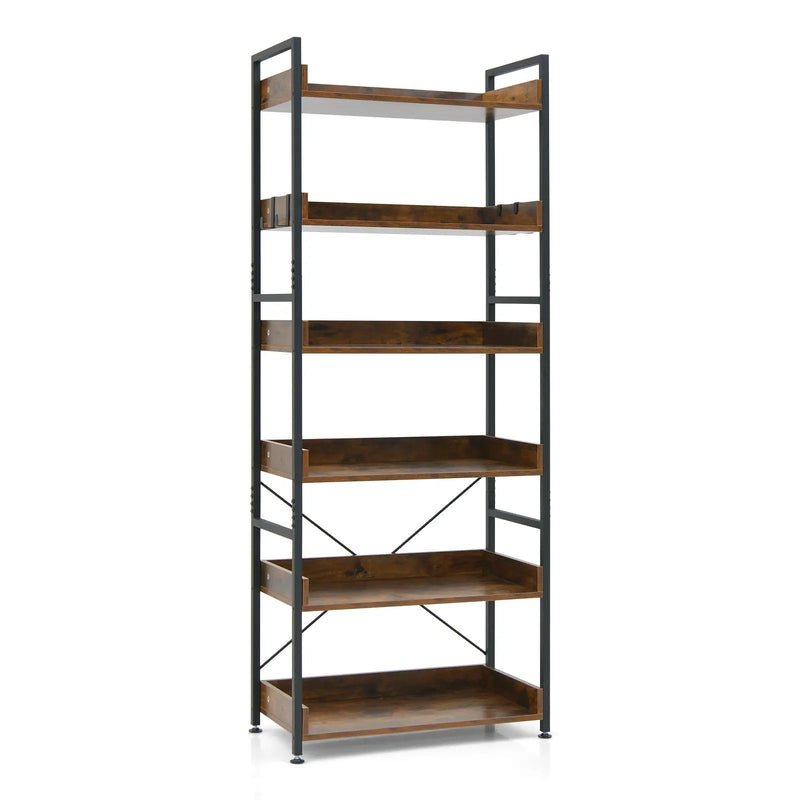 6-Tier Tall Industrial Bookcase with Open Shelves and 4 Hooks-Brown by DirectDeals