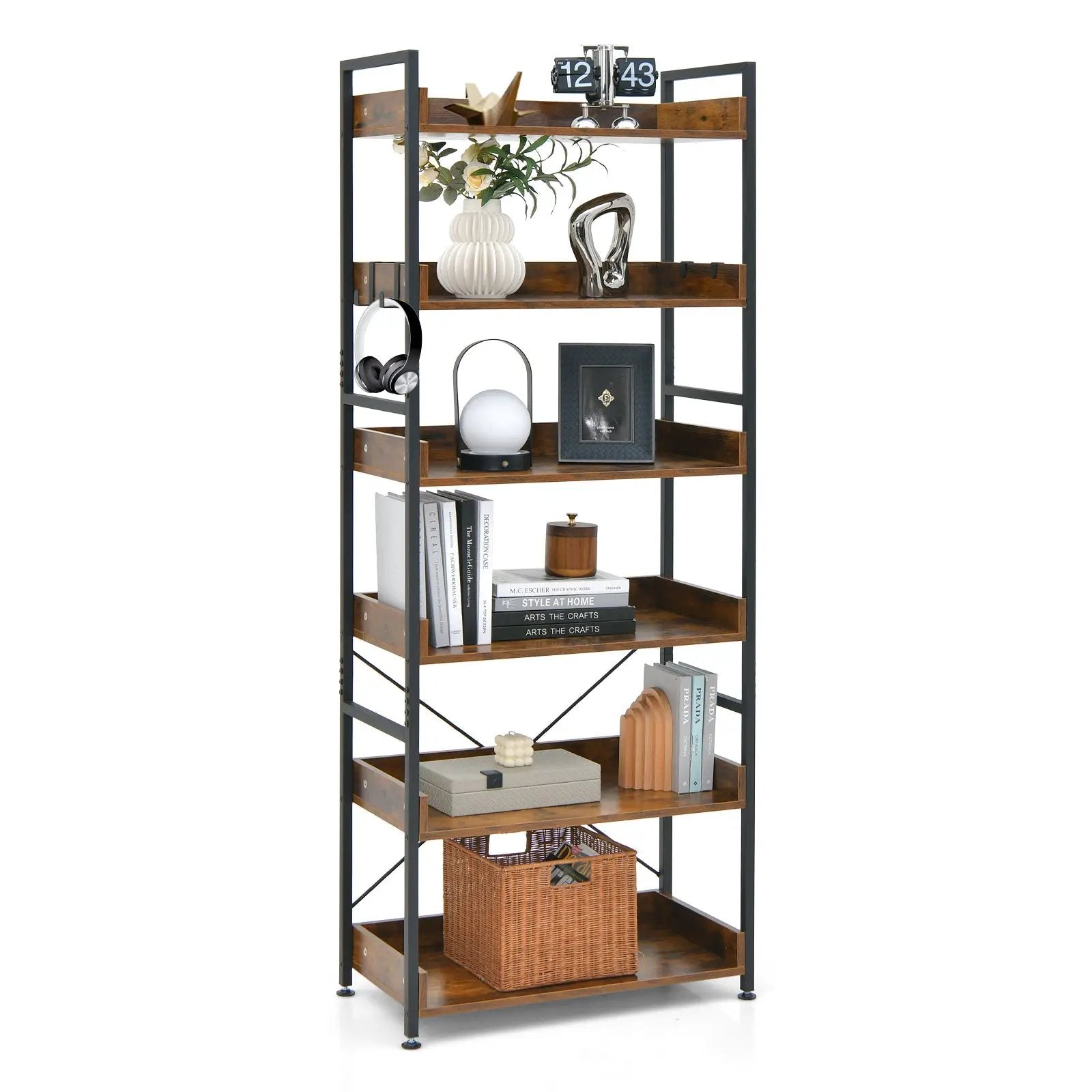 6-Tier Tall Industrial Bookcase with Open Shelves and 4 Hooks-Brown by DirectDeals