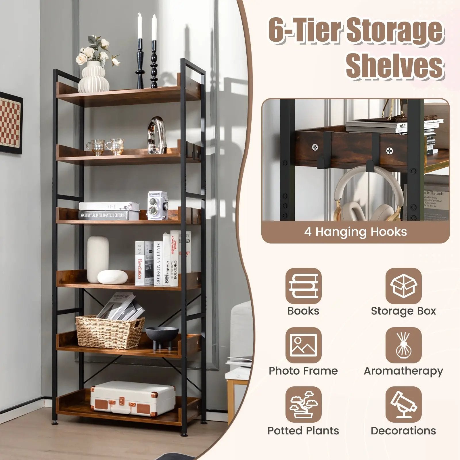 6-Tier Tall Industrial Bookcase with Open Shelves and 4 Hooks-Brown by DirectDeals