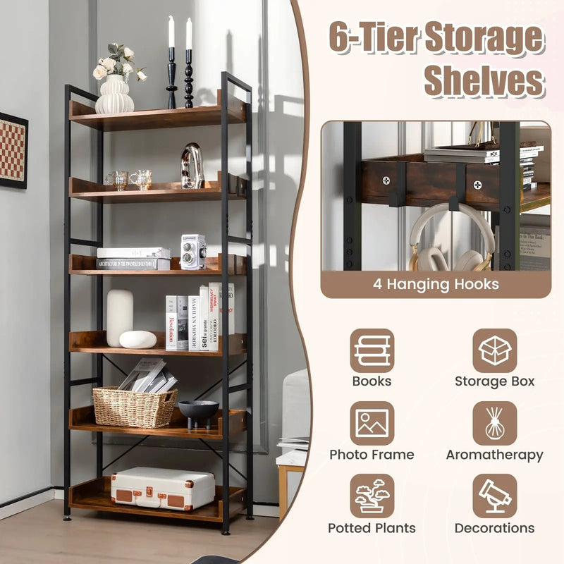 6-Tier Tall Industrial Bookcase with Open Shelves and 4 Hooks-Brown by DirectDeals