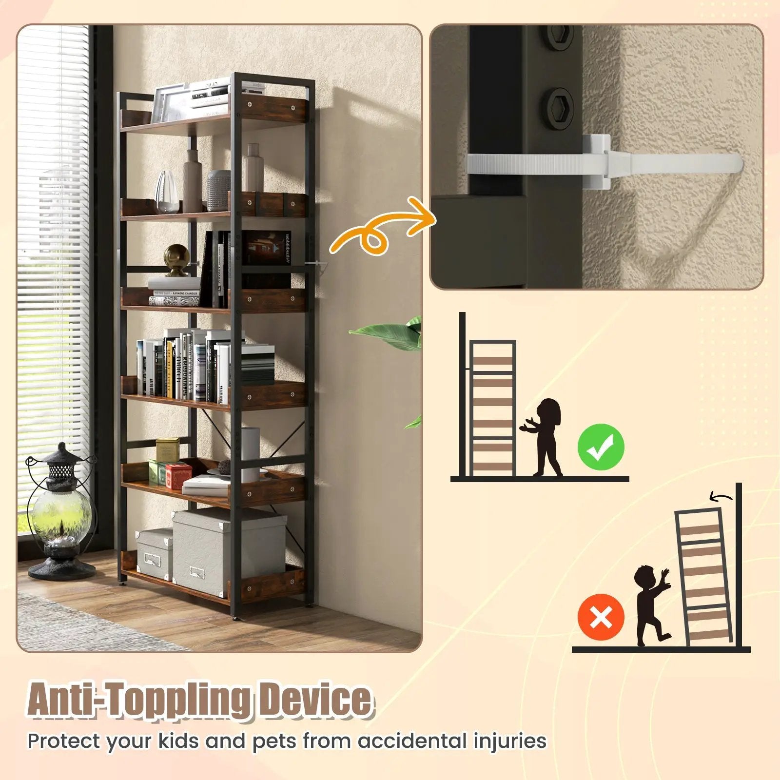 6-Tier Tall Industrial Bookcase with Open Shelves and 4 Hooks-Brown by DirectDeals