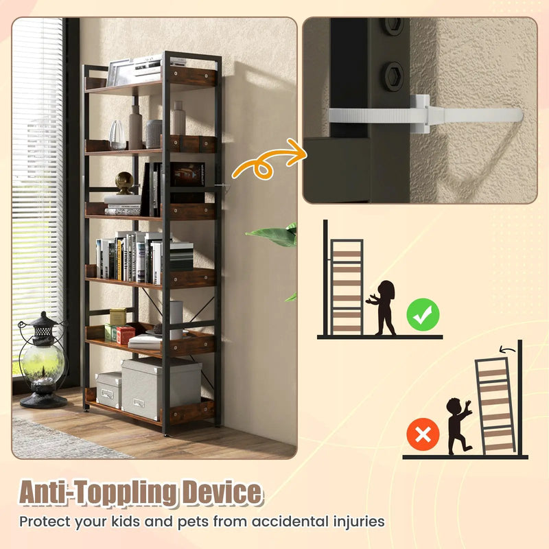 6-Tier Tall Industrial Bookcase with Open Shelves and 4 Hooks-Brown by DirectDeals