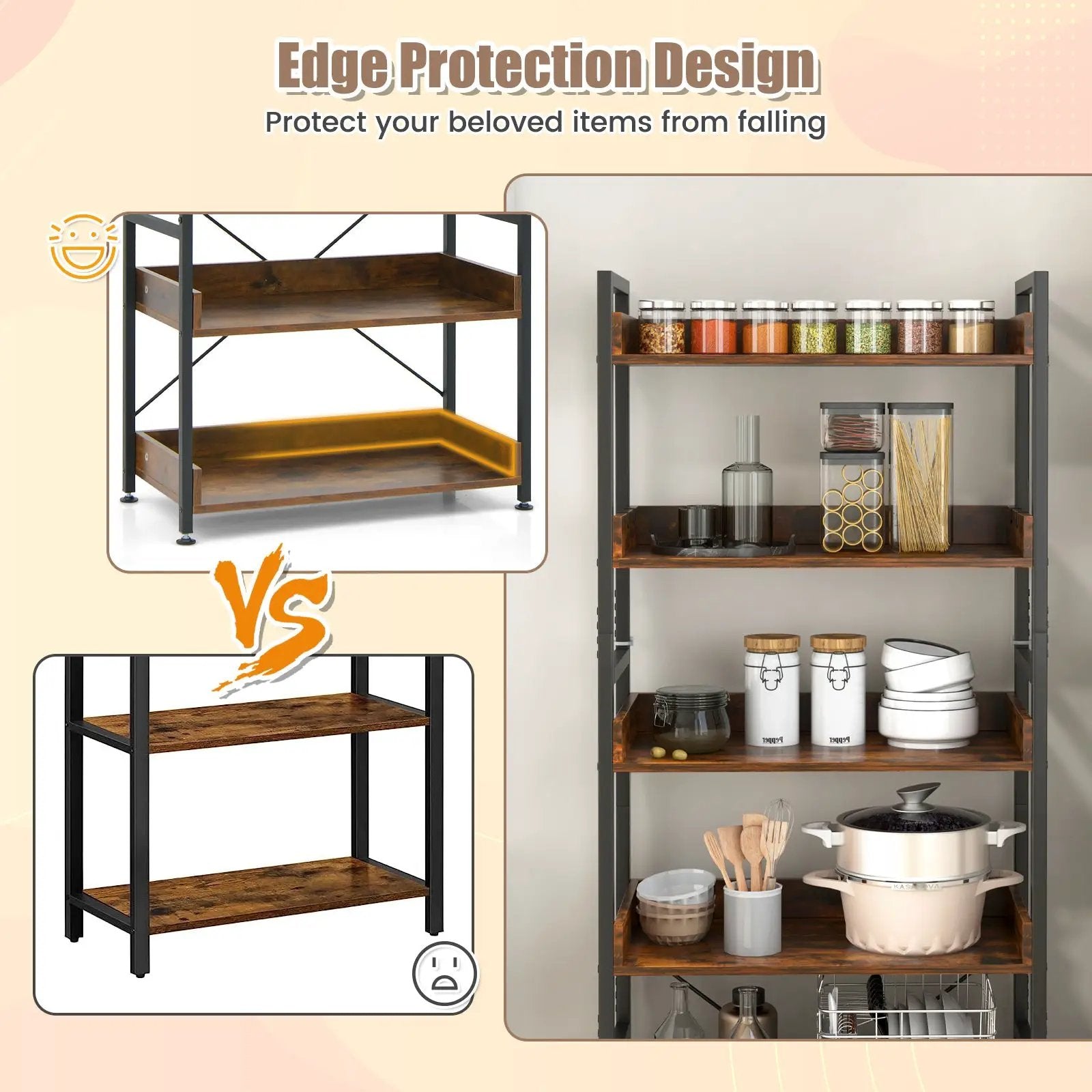 6-Tier Tall Industrial Bookcase with Open Shelves and 4 Hooks-Brown by DirectDeals