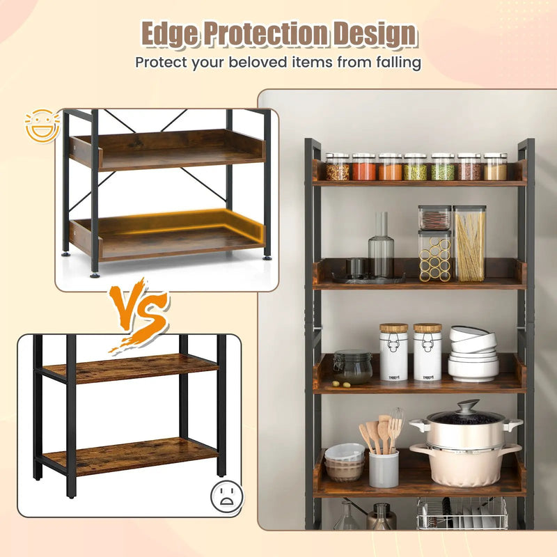 6-Tier Tall Industrial Bookcase with Open Shelves and 4 Hooks-Brown by DirectDeals