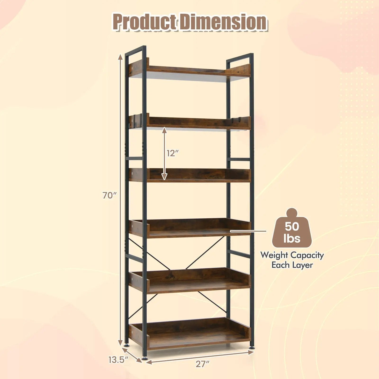 6-Tier Tall Industrial Bookcase with Open Shelves and 4 Hooks-Brown by DirectDeals