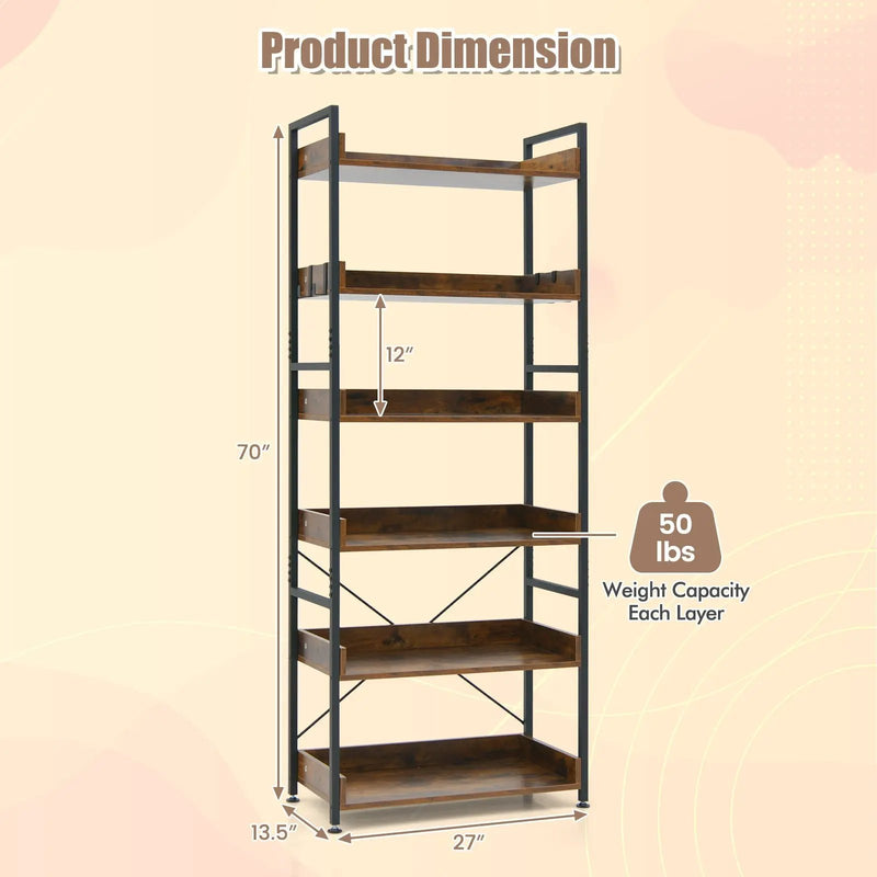 6-Tier Tall Industrial Bookcase with Open Shelves and 4 Hooks-Brown by DirectDeals
