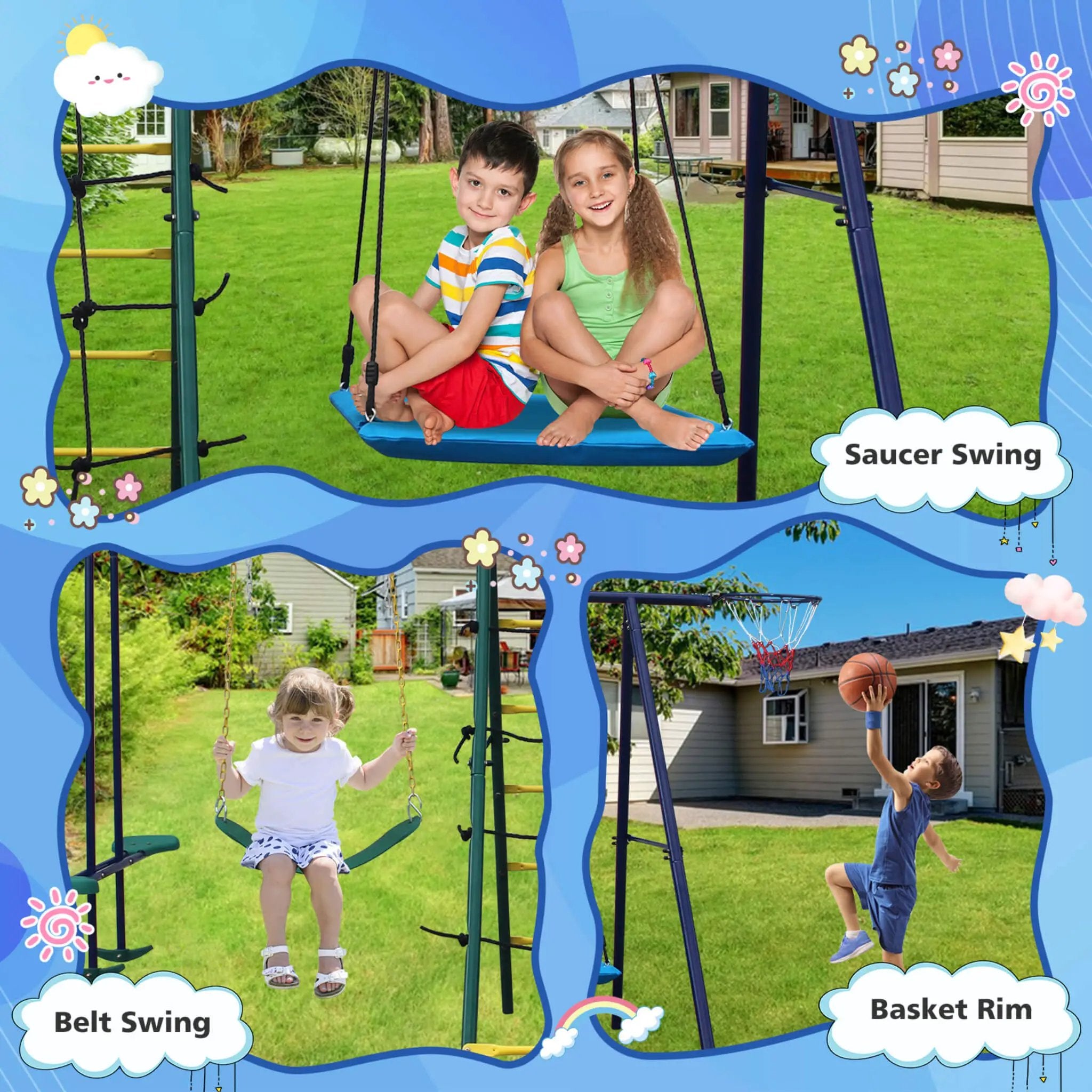 6-In-1 Outdoor Swing Set With Climbing Ladder Net And Basketball Hoop (SAK98152) by SAKSBY WHOLESALE