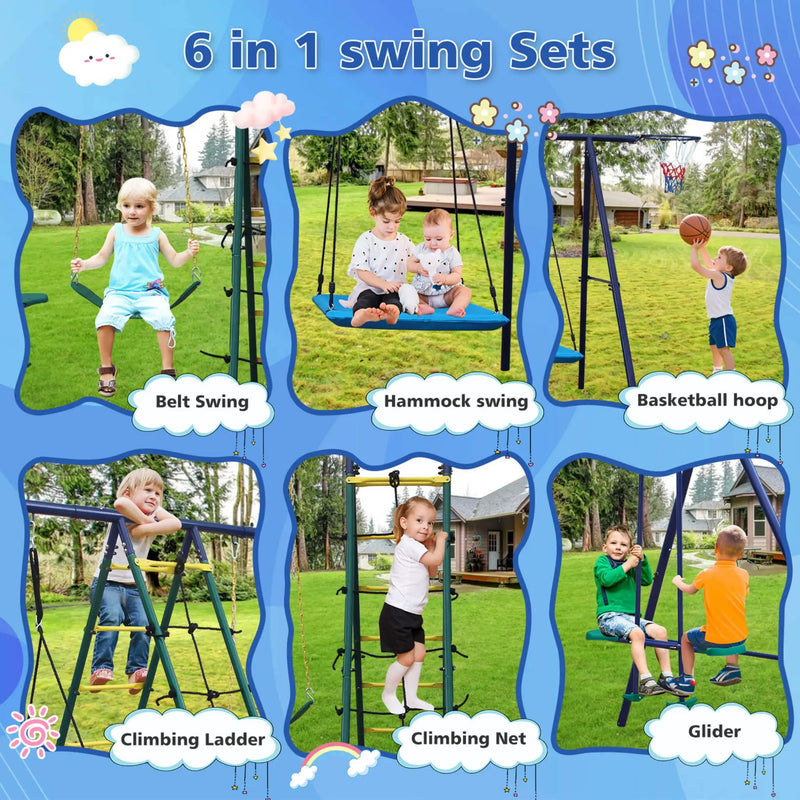 6-In-1 Outdoor Swing Set With Climbing Ladder Net And Basketball Hoop (SAK98152) by SAKSBY WHOLESALE