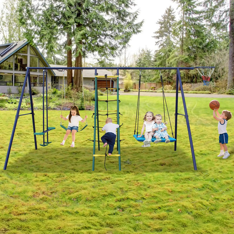 6-In-1 Outdoor Swing Set With Climbing Ladder Net And Basketball Hoop (SAK98152) by SAKSBY WHOLESALE