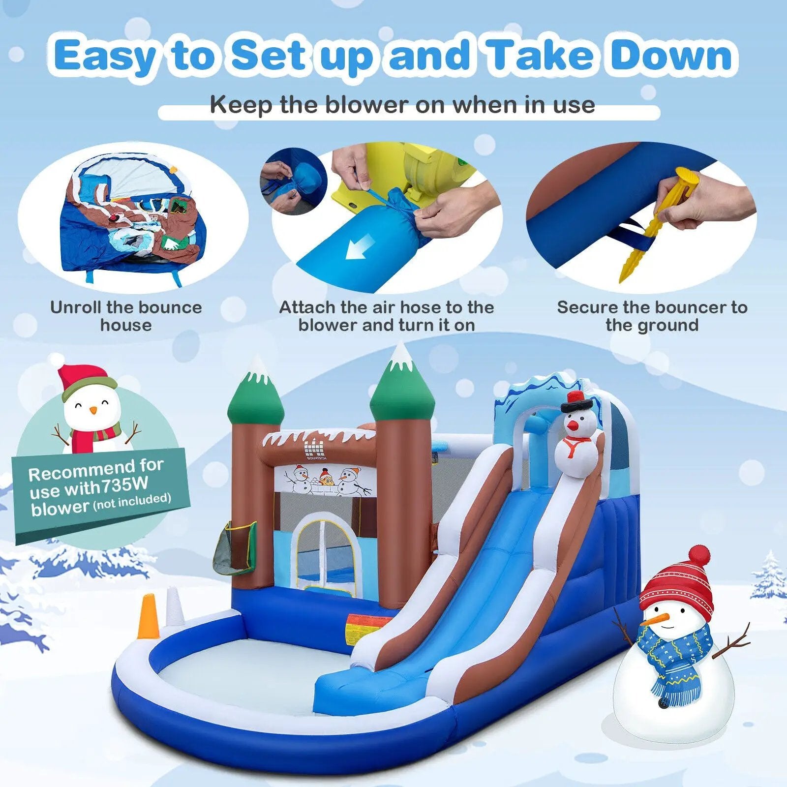 6-in-1 Winter Theme Snowman Inflatable Castle with Slide and Trampoline without Blower by DirectDeals