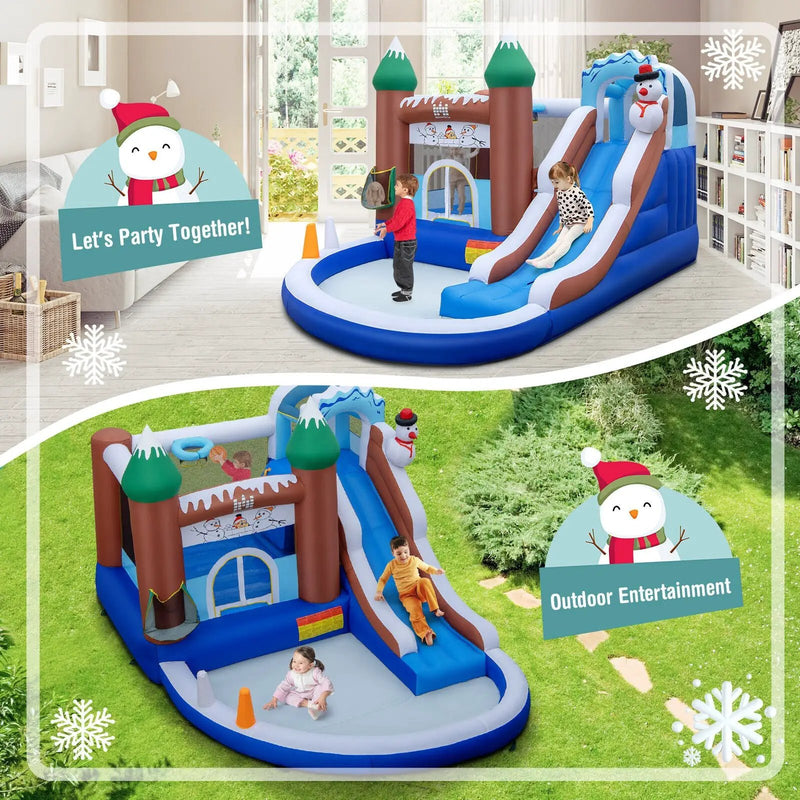 6-in-1 Winter Theme Snowman Inflatable Castle with Slide and Trampoline without Blower by DirectDeals
