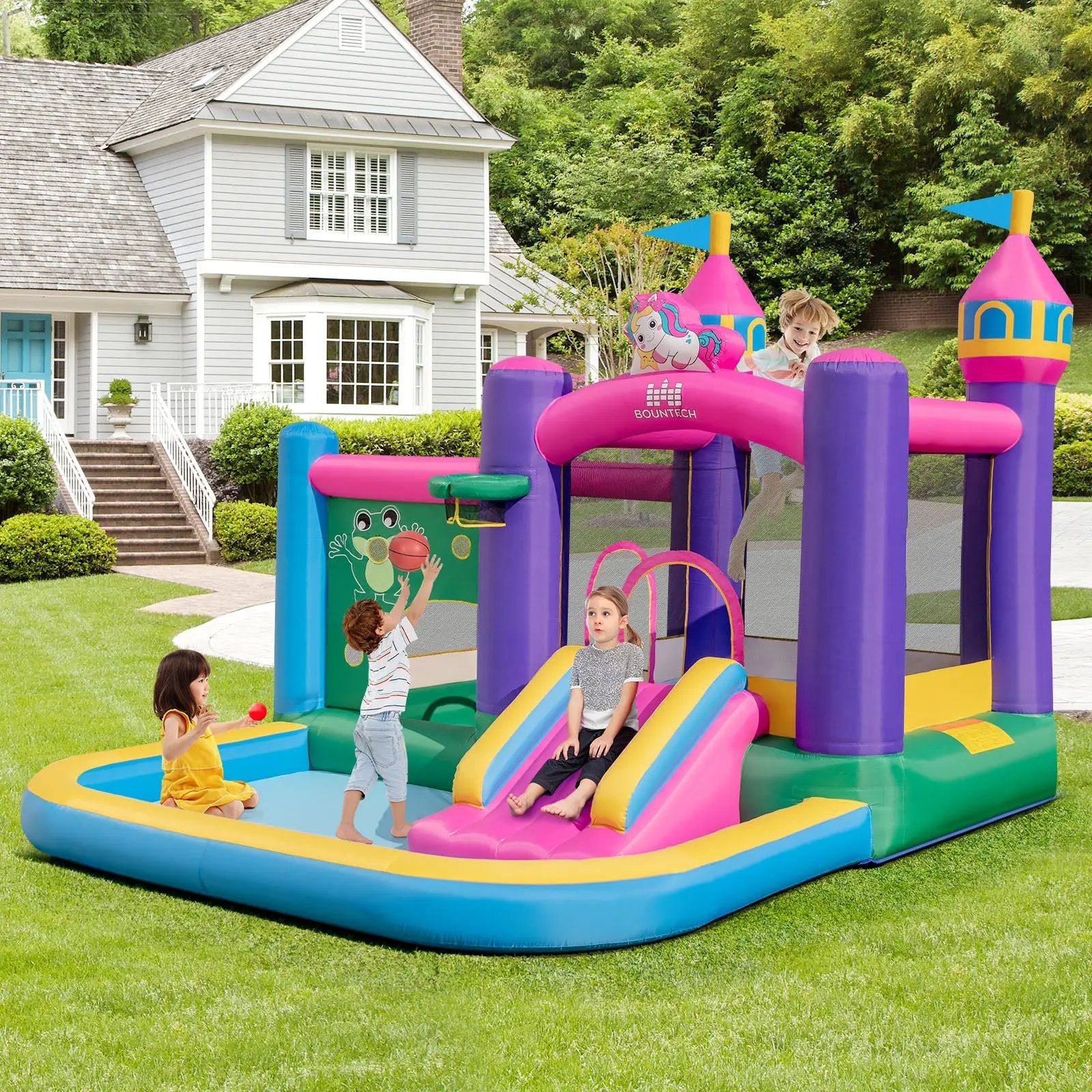 6-in-1 Kids Blow up Castle with Slide and Jumping Area and Ball Pit Pools without Blower by DirectDeals