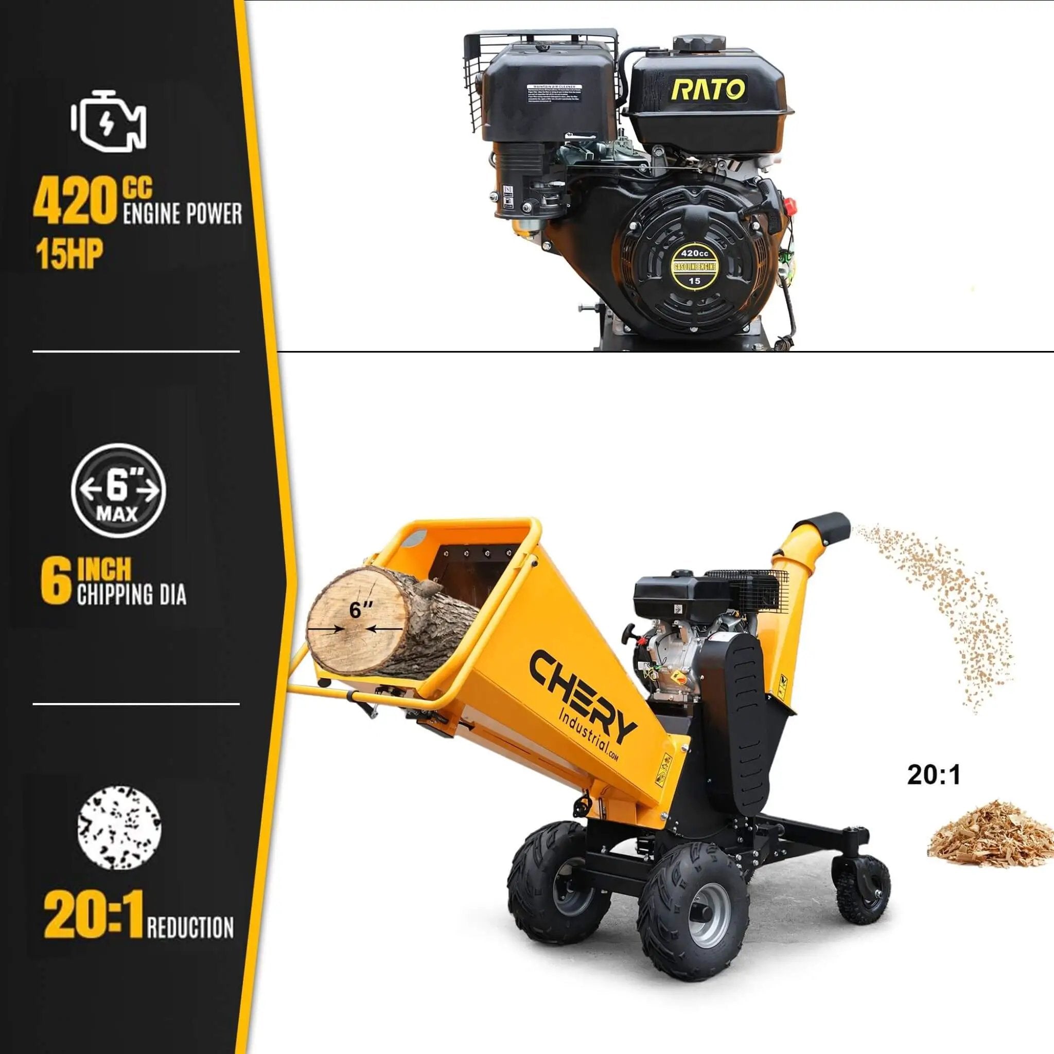 Heavy-Duty 6-Inch 420CC 15HP Gas Wood Chipper Shredder Mulcher With Tow Bar & Safety Stop Bar (SAK42731) by SAKSBY WHOLESALE
