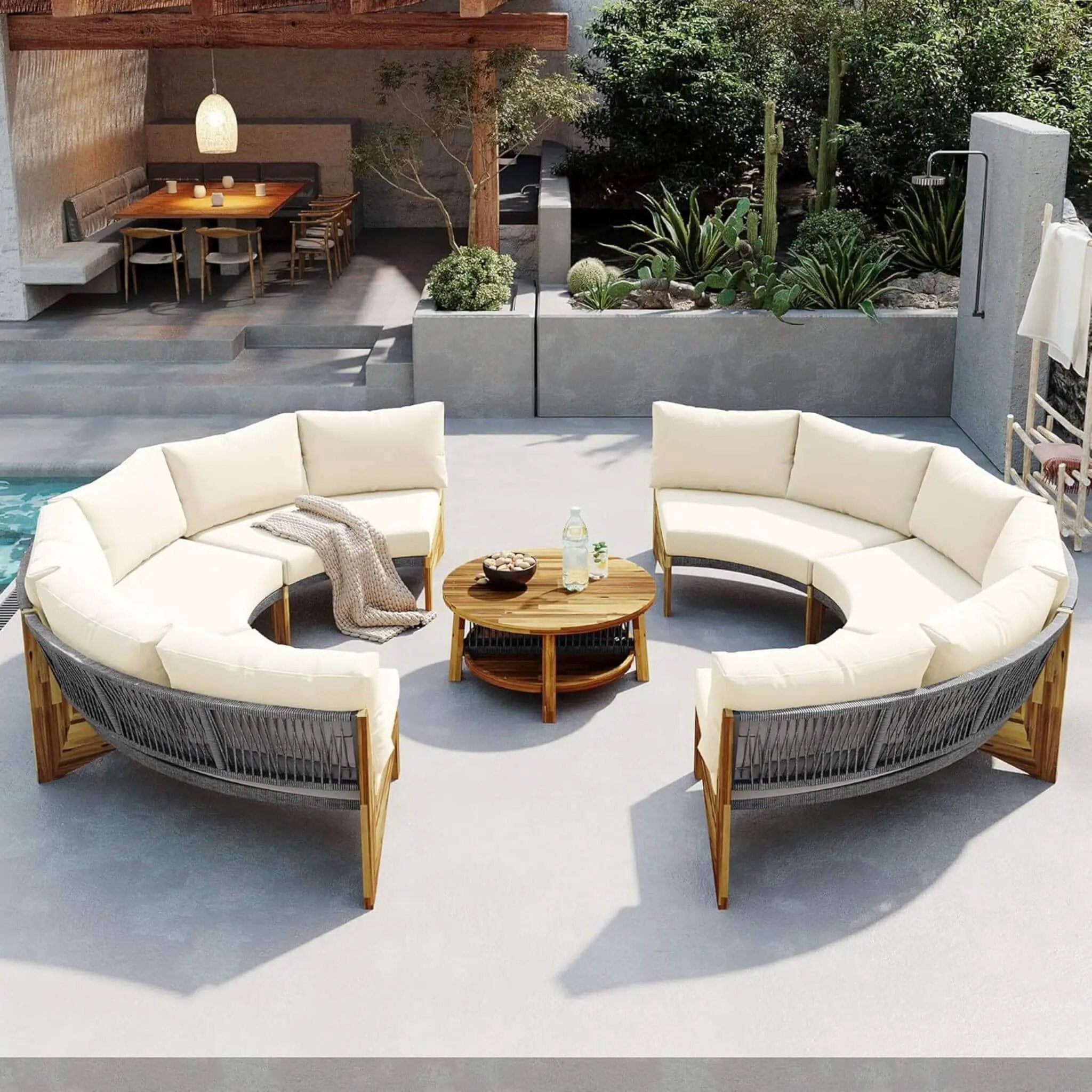 Alora 6-Person Half Moon Beige Patio Sectional Set With Cushions And Table (SAK61928) by SAKSBY WHOLESALE