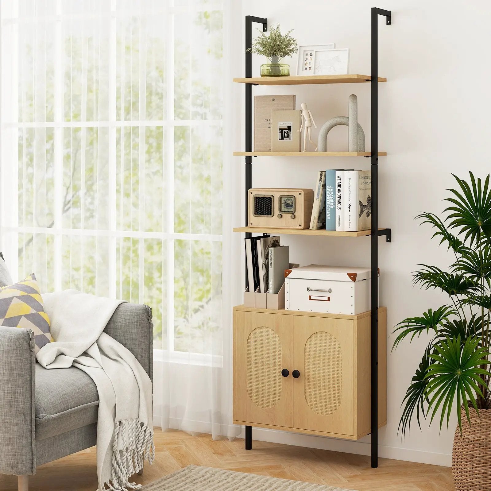 72.5 Inch 6-Tier Wall Mounted Ladder Bookshelf with Rattan Cabinet-Natural by DirectDeals