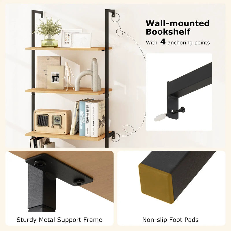 72.5 Inch 6-Tier Wall Mounted Ladder Bookshelf with Rattan Cabinet-Natural by DirectDeals