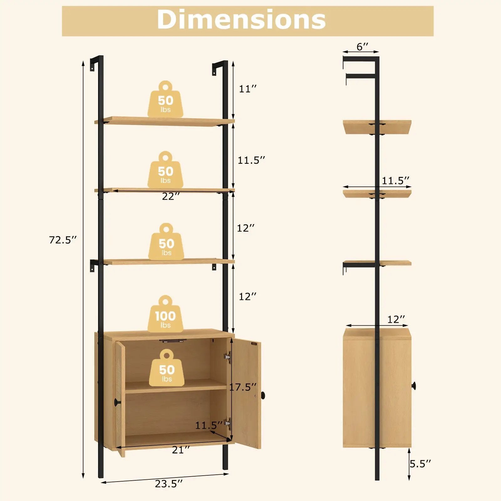 72.5 Inch 6-Tier Wall Mounted Ladder Bookshelf with Rattan Cabinet-Natural by DirectDeals