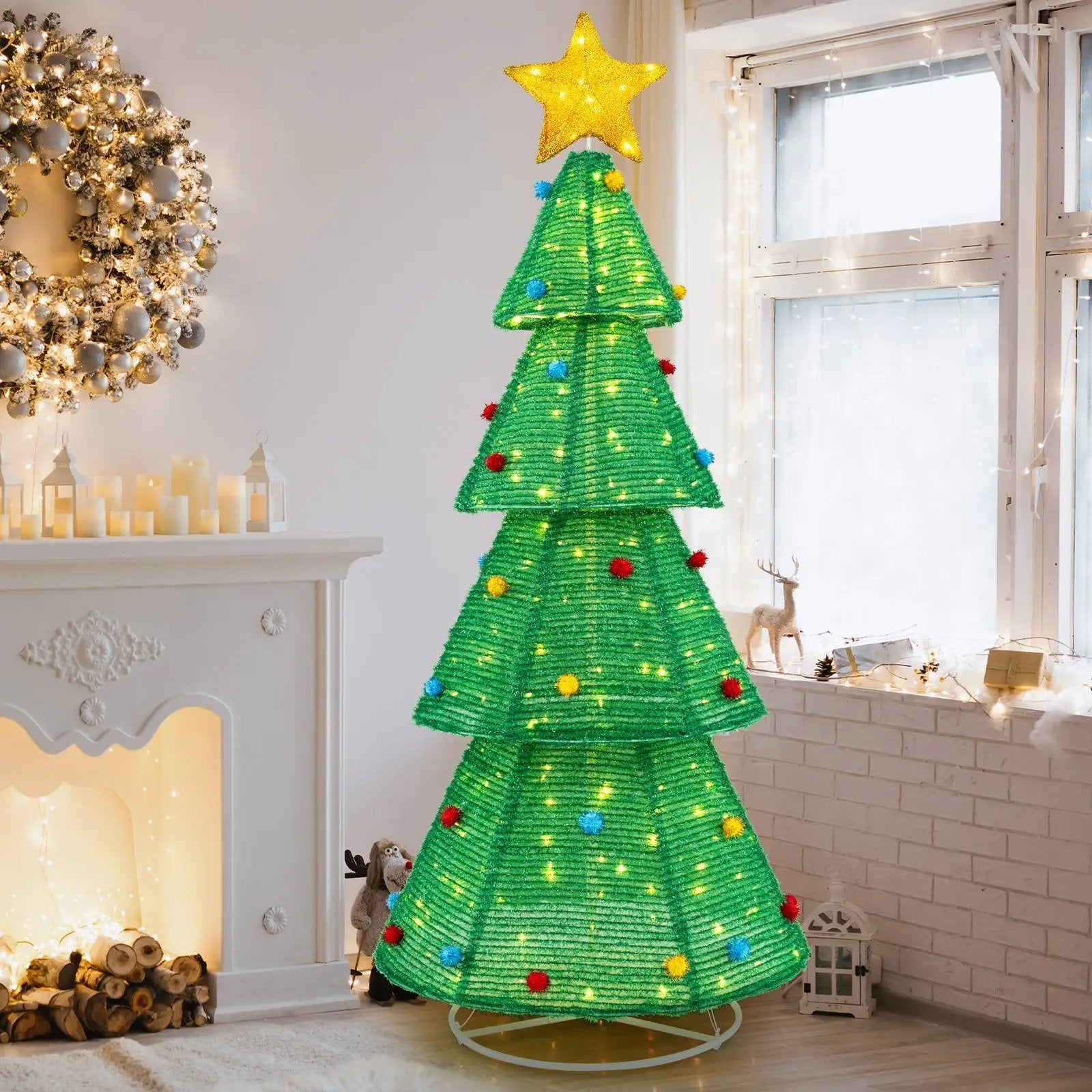 6.2 Feet Collapsible Christmas Tree with 200 Built-in LED Lights and Top Star Decoration by DirectDeals