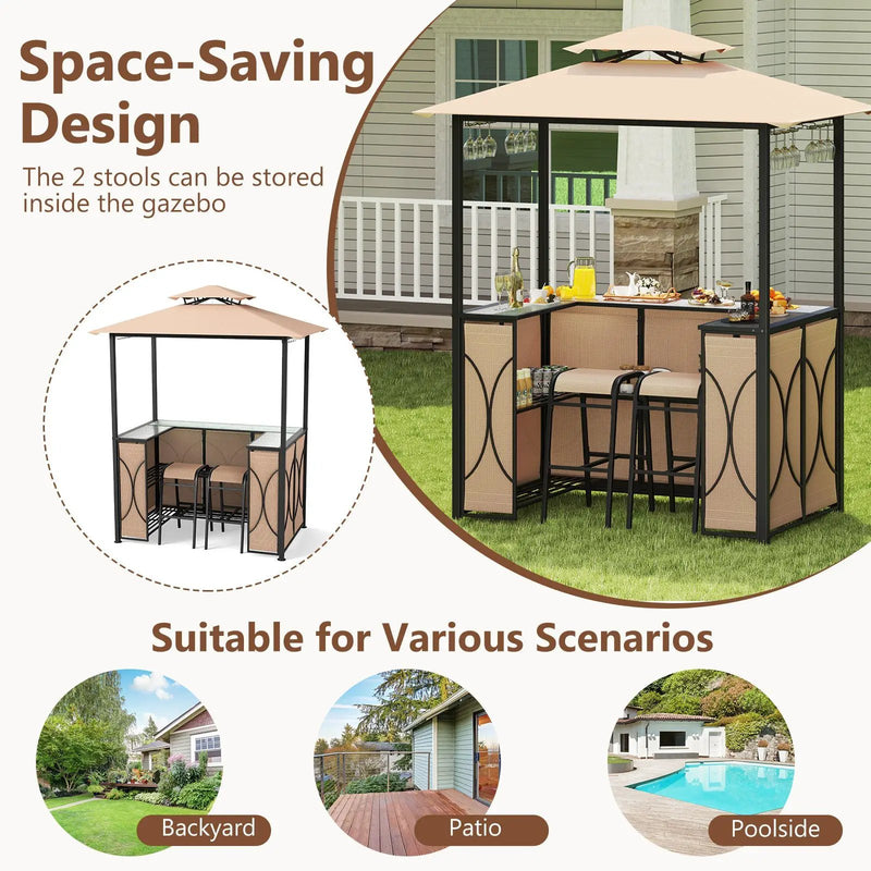 6.5 x 4 x 8 FT Grill Gazebo Set with 2 Bar Stools and Bar Table by DirectDeals